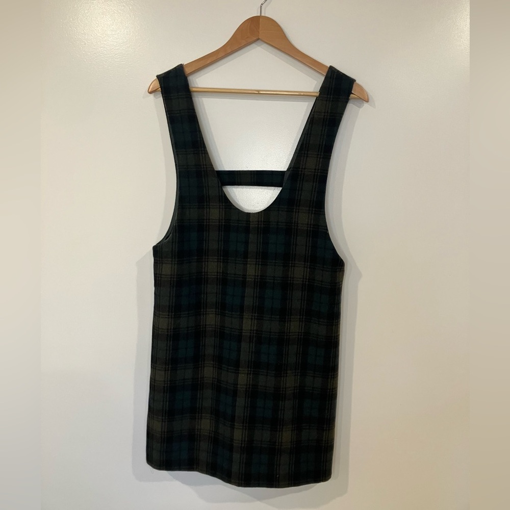 Plaid Sleeveless Shift Pinafore Dress in Dark Green and Black